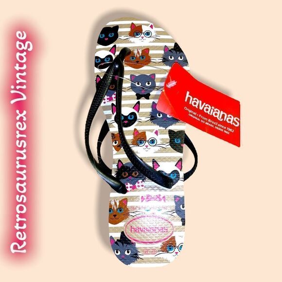 havaianas Slim Cat Print Sand Grey Flip Flop Thong Sandals, 9/10 Rare - Picture 2 of 5